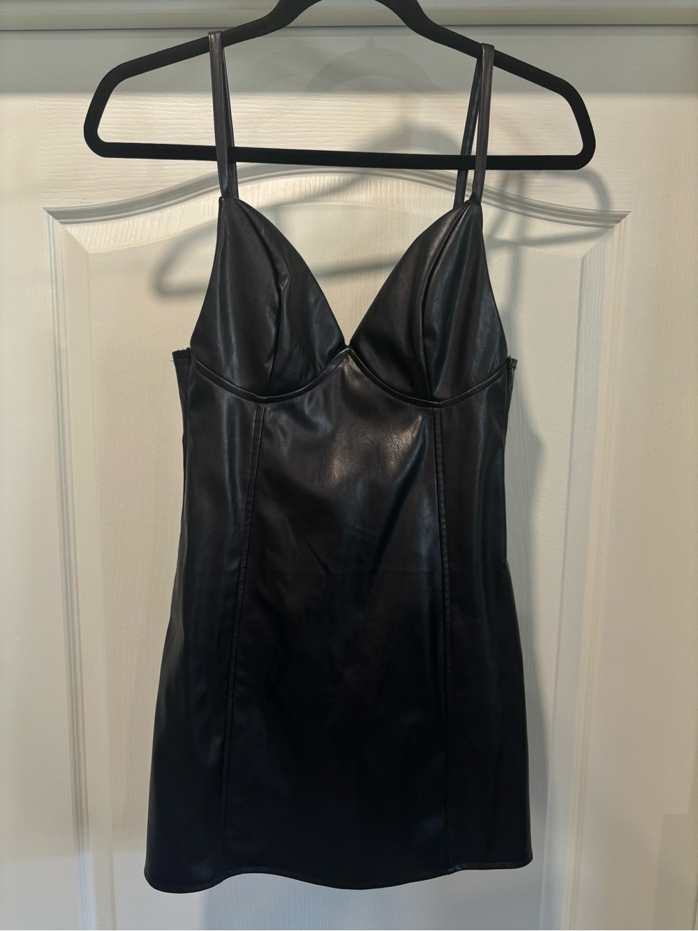 Bear Dance Black Faux Leather Mini Dress with Spaghetti Straps